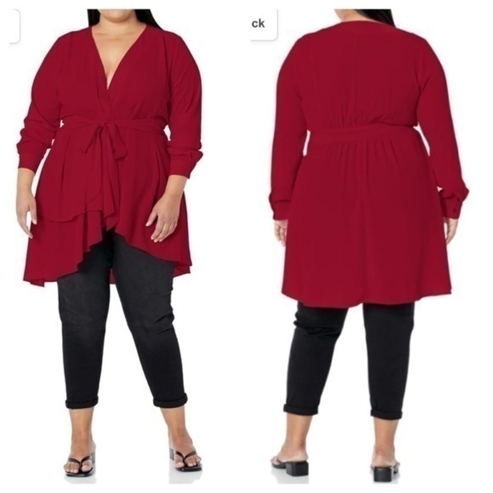 City Chic Ruby Deep Red Shibra Tie Waist Chiffon Top XXL NN29